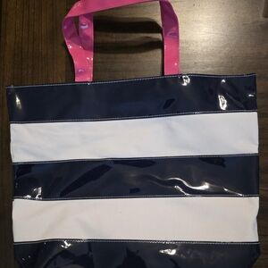 Estee Lauder Navy & White Striped Tote with Pink Handles